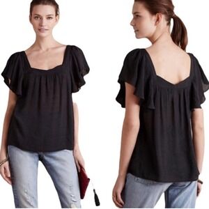 ANTHROPOLOGIE Maeve XS Black Flutter Sleeve Whimsigoth Flowy‎ Top Semi Sheer